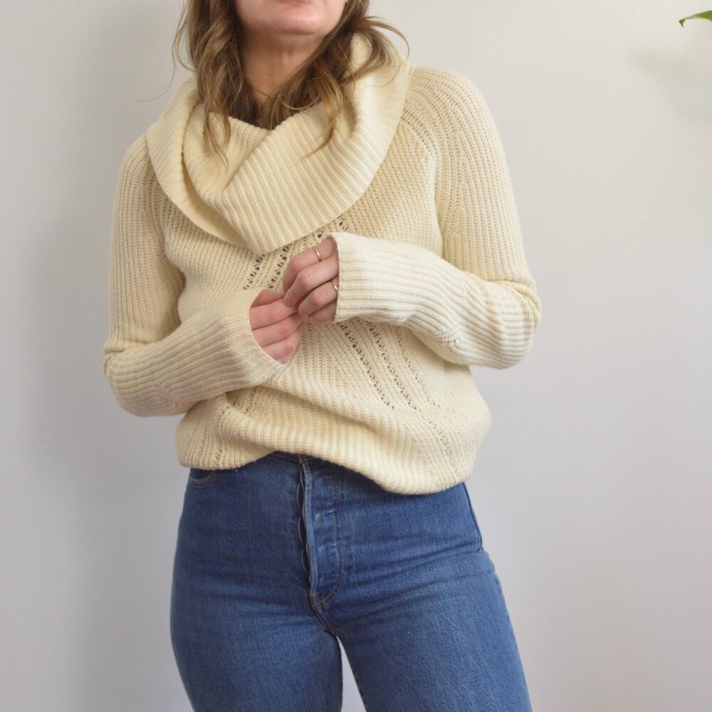 oversized cowl neck crochet ivory sweater